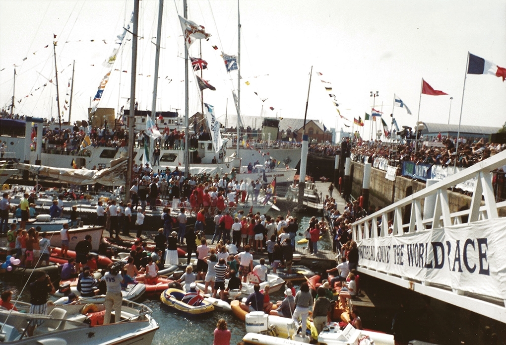 28 May 1990: A crowd of 50,000 welcomed the competing boats back to Ocean Village after successfully navigating nearly 4,000 nautical miles from Fort Lauderdale, USA.