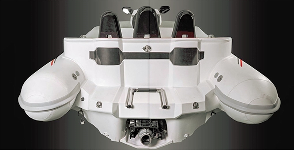 Image above: Rear view of The Seakart. Here you can see the steering nozzle and reverse bucket as well as the splash proof transom and headrest.