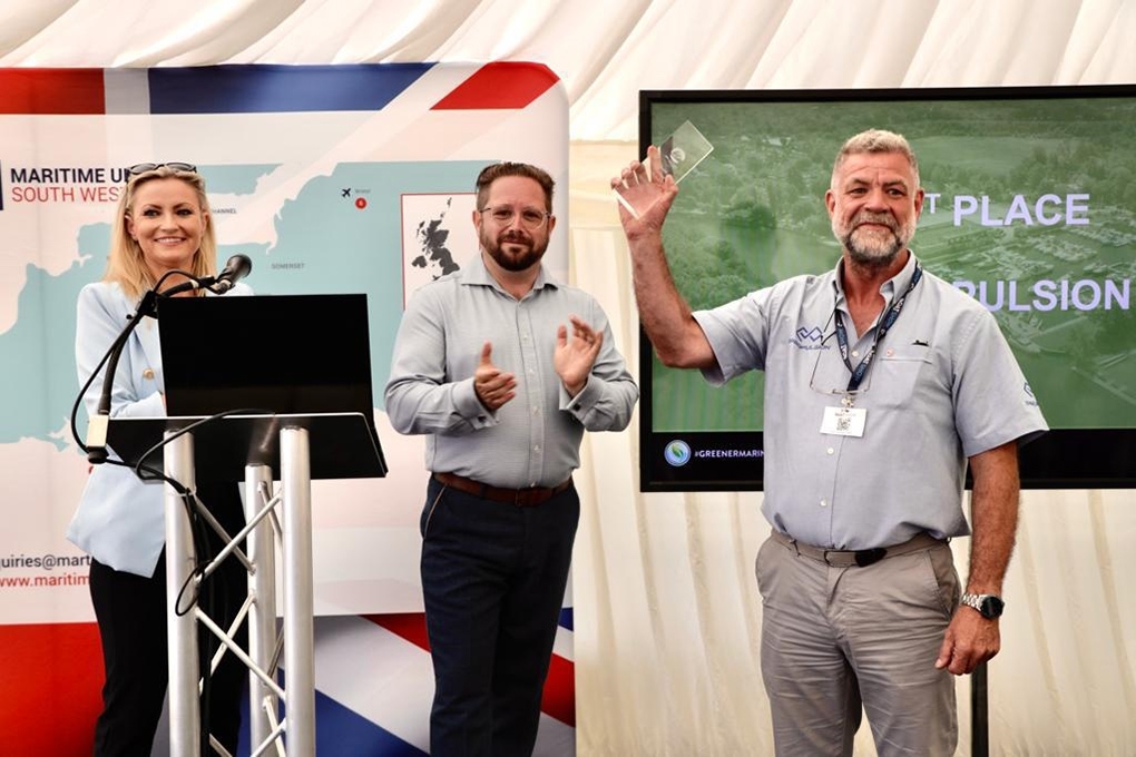 Left to right: Presenter Nikki Dean, Tim Mayer from MDL Marinas and Steve Bruce from ePropulsion UK.
